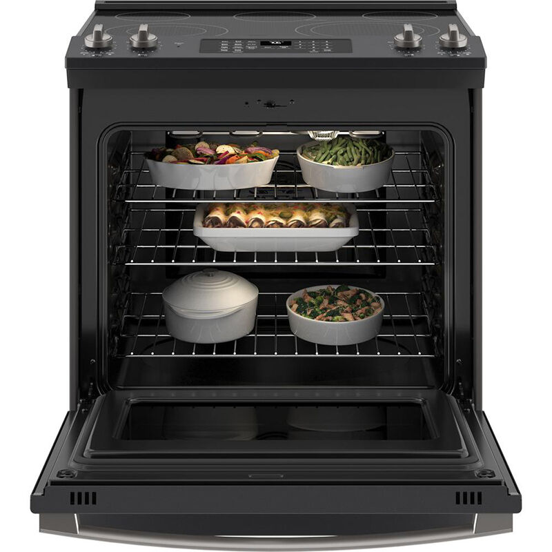 GE 30-in Glass Top 5 Elements 5.3-cu ft Self-Cleaning Air Fry Convection  Oven Slide-in Smart Electric Range (Slate)