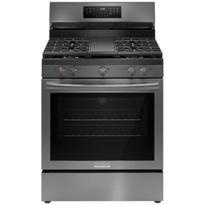 Frigidaire Gallery 30 in. 5.1 cu. ft. Air Fry Convection Oven Freestanding Natural Gas Range with 5 Sealed Burners & Griddle - Black Stainless Steel | GCRG3060BD