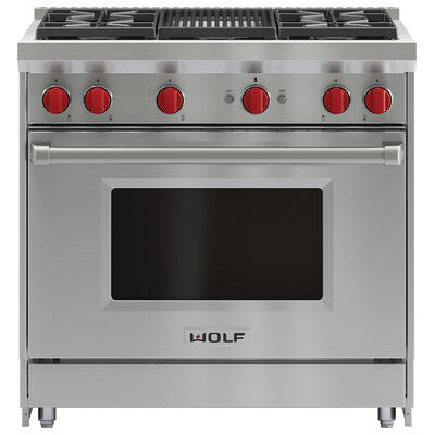 Wolf 36 in. 5.5 cu. ft. Oven Freestanding Gas Range with 4 Sealed Burners - Stainless Steel | GR364C