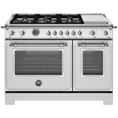 Bertazzoni Heritage Series 48 in. 7.0 cu. ft. Air Fry Convection Double Oven Freestanding Dual Fuel Range with 6 Sealed Burners & Griddle - Stainless Steel | HER486BTEPXT