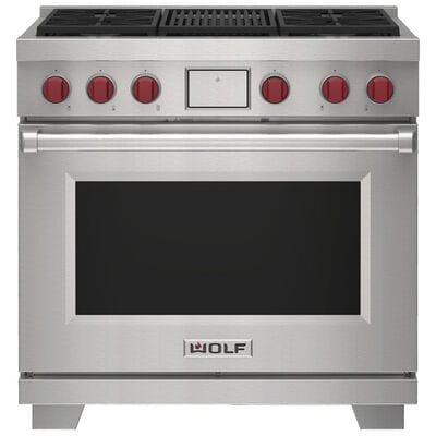 Wolf 36 in. 6.3 cu. ft. Smart Convection Oven Freestanding Natural Gas Dual Fuel Range with 4 Sealed Burners & Grill - Stainless Steel | DF36450C-S-P