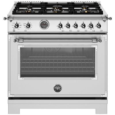 Bertazzoni Heritage Series 36 in. 5.7 cu. ft. Air Fry Convection Oven Freestanding Natural Gas Dual Fuel Range with 6 Sealed Burners & Griddle - Stainless Steel | HER366BCEPXT