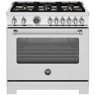 Bertazzoni Master Series 36 in. 5.7 cu. ft. Air Fry Convection Oven Freestanding Dual Fuel Range with 6 Sealed Burners & Griddle - Stainless Steel | MA366BCFEPXT