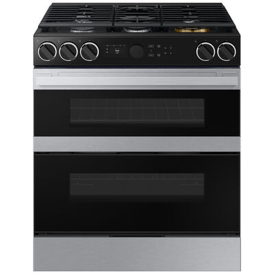 Samsung Bespoke 30 in. 6.1 cu. ft. Smart Air Fry Convection Double Oven Slide-In Natural Gas Dual Fuel Range with 5 Sealed Burners & Griddle - Stainless Steel | NSY6DG8550SR