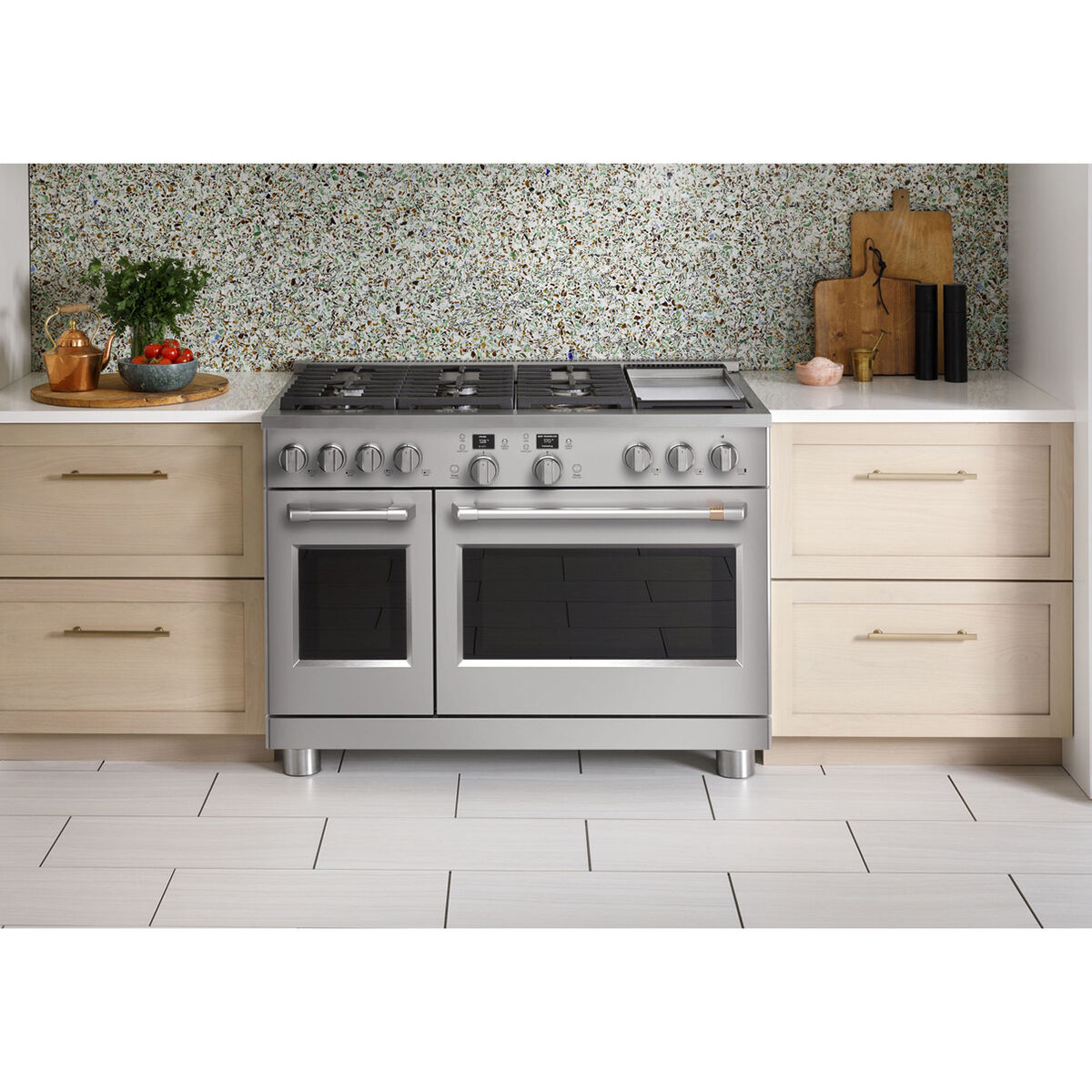 Cafe Commercial-Style 48 in. 8.3 cu. ft. Smart Air Fry Convection Double  Oven Freestanding Dual Fuel Range with 6 Sealed Burners & Griddle -  Stainless