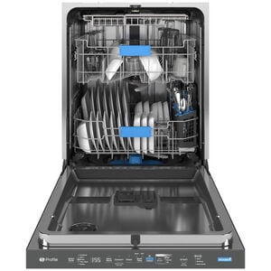 GE Profile 24 in. Top Control Smart Dishwasher with 42 dBA Sound Level, Microban Antimicrobial Technology & Deep Clean Washing 3rd Rack - Fingerprint Resistant Black Stainless, , hires