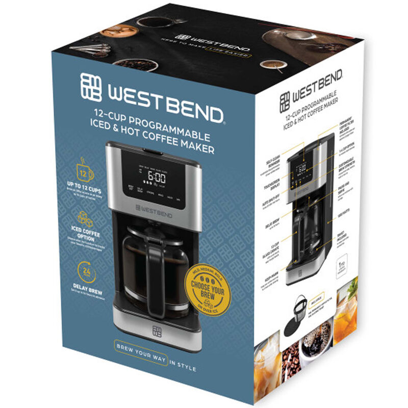 West Bend Drip Coffee Maker Brews Hot or Iced, Programmable with Brew  Strength Selector Auto Shut-Off and 6 Functions Permanent Mesh Filter and Glass  Carafe, 12-Cup, Metallic,Silver 