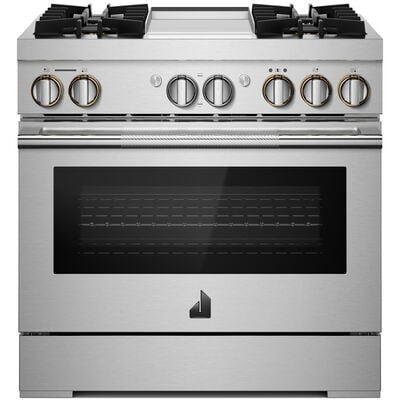 JennAir Rise Series 36 in. 5.1 cu. ft. Smart Convection Oven Freestanding Dual Fuel Range with 4 Sealed Burners & Griddle - Stainless Steel | JDRP536HL