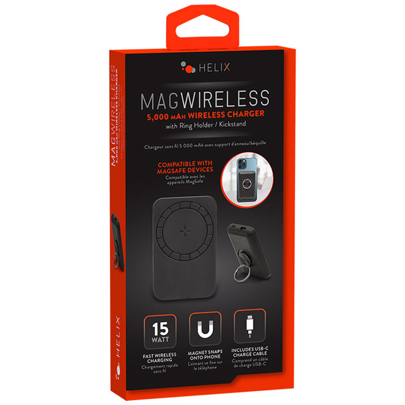 Helix MagWireless 5,000 mAh Portable Battery Pack with ring stand - Black