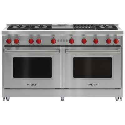 Wolf 60 in. 8.8 cu. ft. Double Oven Freestanding LP Gas Range with 6 Sealed Burners & Griddle - Stainless Steel | GR606CGLP