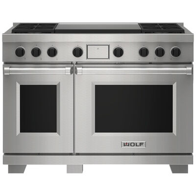 Wolf 48 in. 7.8 cu. ft. Smart Convection Double Oven Freestanding Dual Fuel Range with 4 Sealed Burners & Griddle - Stainless Steel | DF48450DGSP