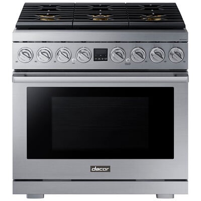 Dacor 36 in. 6.3 cu. ft. Smart Convection Oven Freestanding Natural Gas Dual Fuel Range with 6 Sealed Burners - Silver Stainless | DOP36T86DLS