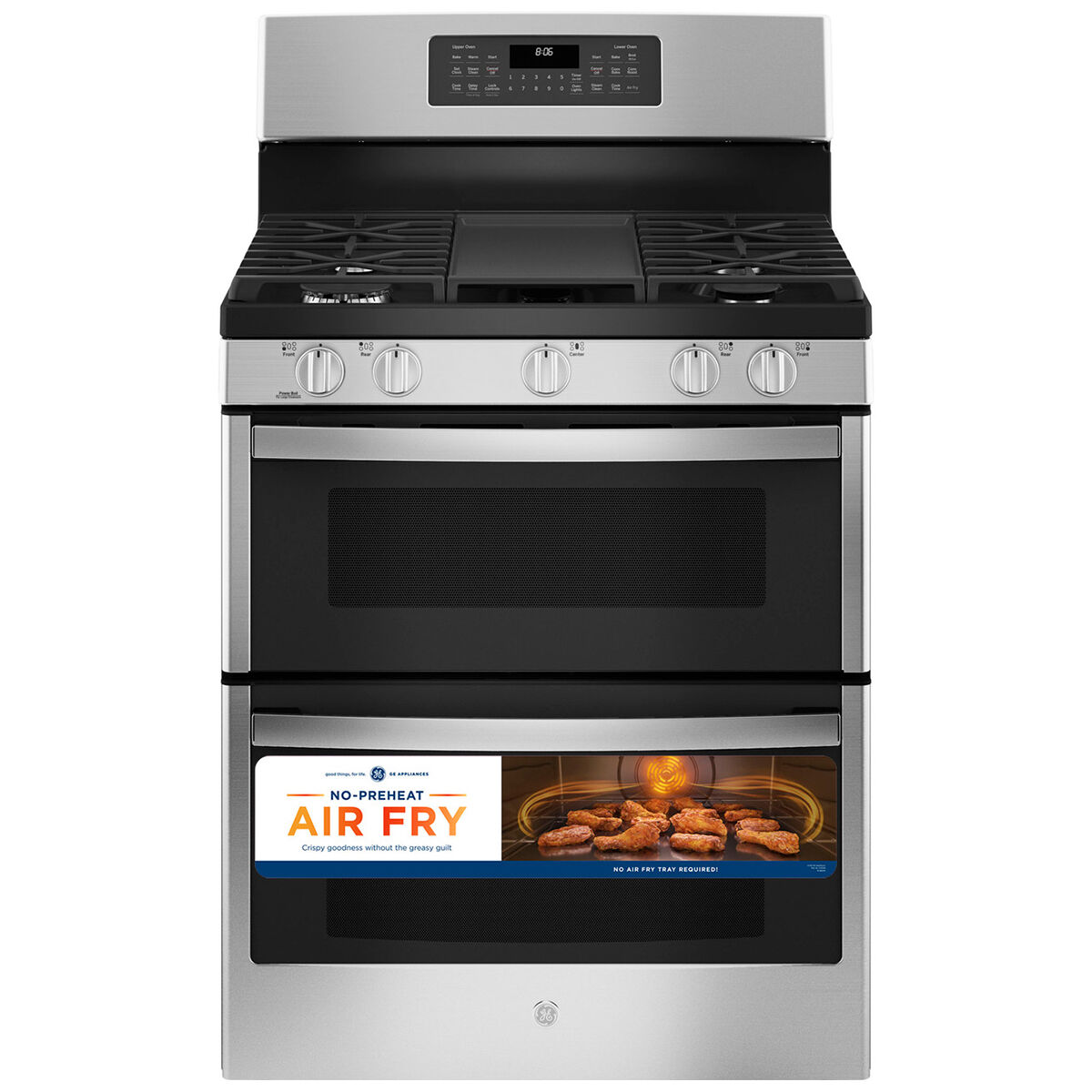 GE 30 in. 6.8 cu. ft. Air Fry Convection Double Oven Freestanding Gas Range  with 5 Sealed Burners & Griddle - Stainless Steel