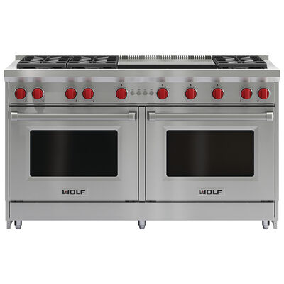 Wolf 60 in. 8.8 cu. ft. Double Oven Freestanding LP Gas Range with 6 Sealed Burners & Griddle - Stainless Steel | GR606DGLP