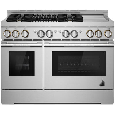 JennAir Rise Series 48 in. 6.3 cu. ft. Smart Convection Double Oven Freestanding Gas Range with 4 Sealed Burners, Grill & Griddle - Stainless Steel | JGRP748HL