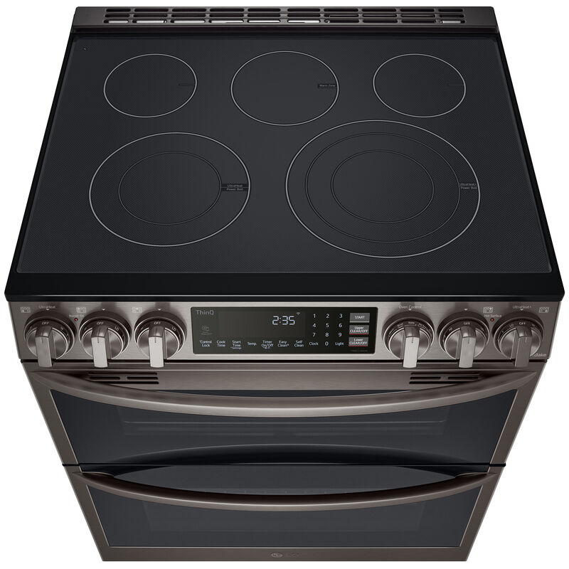 LG 30 in. 7.3 cu. ft. Smart Air Fry Convection Double Oven Slide-In  Electric Range with 5 Smoothtop Burners - Printproof Black Stainless Steel