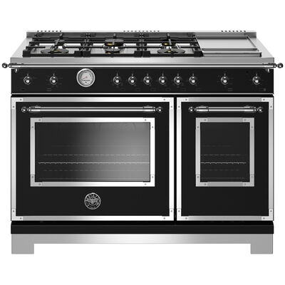 Bertazzoni Heritage Series 48 in. 4.7 cu. ft. Convection Double Oven Freestanding Gas Range with 6 Brass Burners & Griddle - Matte Black | HERT486GGASN