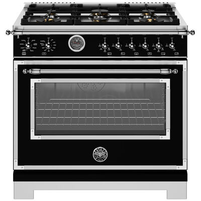 Bertazzoni Heritage Series 36 in. 5.7 cu. ft. Air Fry Convection Oven Freestanding Natural Gas Dual Fuel Range with 6 Sealed Burners & Griddle - Matte Black | HE366BCEPNET