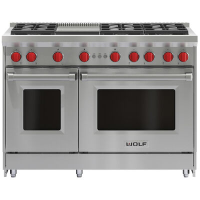 Wolf 48 in. 6.9 cu. ft. Convection Double Oven Freestanding LP Gas Range with 6 Sealed Burners & Griddle - Stainless Steel | GR486GLP