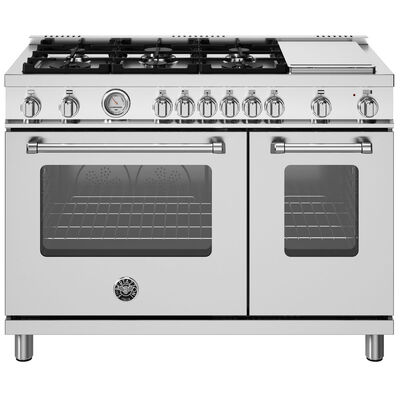 Bertazzoni Master Series 48 in. 7.1 cu. ft. Convection Double Oven Freestanding Natural Gas Range with 6 Sealed Burners & Griddle - Stainless Steel | MAS486GGASXV