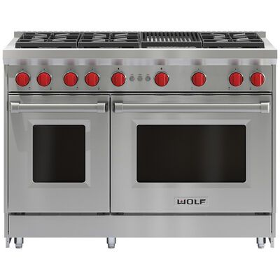 Wolf 48 in. 6.9 cu. ft. Double Oven Freestanding Gas Range with 6 Sealed Burners - Stainless Steel | GR486C