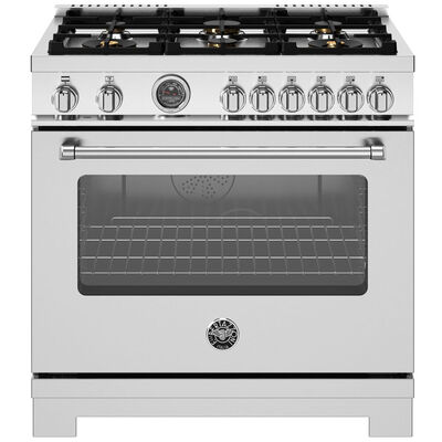 Bertazzoni Master Series 36 in. 5.7 cu. ft. Air Fry Convection Oven Freestanding Natural Gas Dual Fuel Range with 6 Sealed Burners & Griddle - Stainless Steel | MAS366BCEPXT