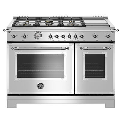 Bertazzoni Heritage Series 48 in. 7.1 cu. ft. Convection Double Oven Freestanding LP Gas Range with 6 Brass Burners & Griddle - Stainless Steel | HERT486GASXL