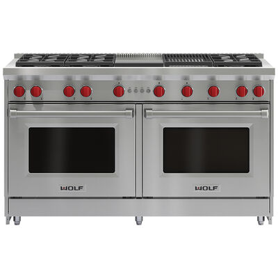 Wolf 60 in. 8.8 cu. ft. Double Oven Freestanding Gas Range with 6 Sealed Burners, Infrared Charbroiler & Infrared Griddle - Stainless Steel | GR606CG