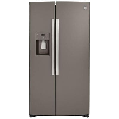 GE 36 in. 25.1 cu. ft. Side-by-Side Refrigerator with External Ice & Water Dispenser - Slate | GSS25IMNES