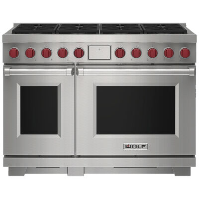 Wolf 48 in. 7.8 cu. ft. Convection Double Oven Freestanding Dual Fuel Range with 8 Sealed Burners - Stainless Steel | DF48850SPLP