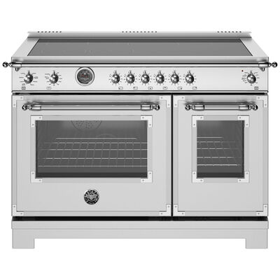 Bertazzoni Heritage Series 48 in. 7.0 cu. ft. Air Fry Convection Double Oven Freestanding Electric Range with 6 Induction Zones & Griddle - Stainless Steel | HER486IGEPXT