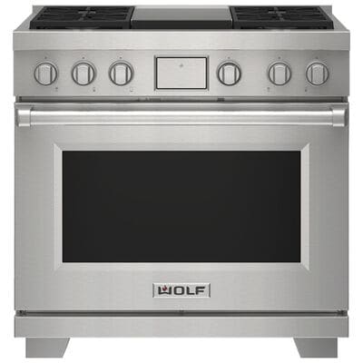 Wolf 36 in. 6.3 cu. ft. Smart Convection Oven Freestanding Dual Fuel Range with 4 Sealed Burners & Griddle - Stainless Steel | DF36450G-S-P