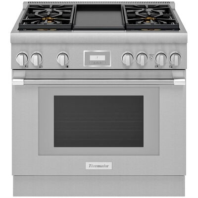 Thermador Pro Harmony Professional Series 36 in. 4.9 cu. ft. Smart Convection Oven Freestanding Dual Fuel Range with 4 Sealed Burners & Griddle - Stainless Steel | PRD364WDHU