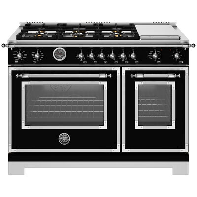 Bertazzoni Heritage Series 48 in. 7.0 cu. ft. Air Fry Convection Double Oven Freestanding Natural Gas Dual Fuel Range with 6 Sealed Burners & Griddle - Black Matte | HE486BTEPNET