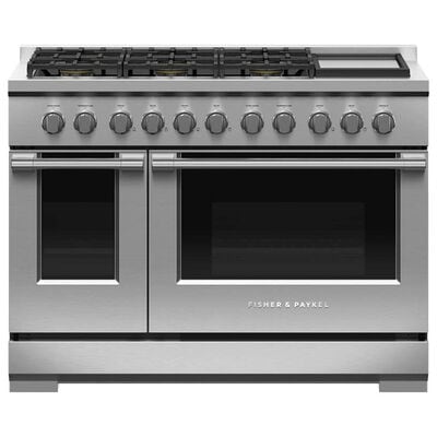 Fisher & Paykel Series 7 Professional 48 in. 7.7 cu. ft. Convection Double Oven Freestanding Natural Gas Dual Fuel Range with 6 Sealed Burners & Griddle - Stainless Steel | RGV3486GDN