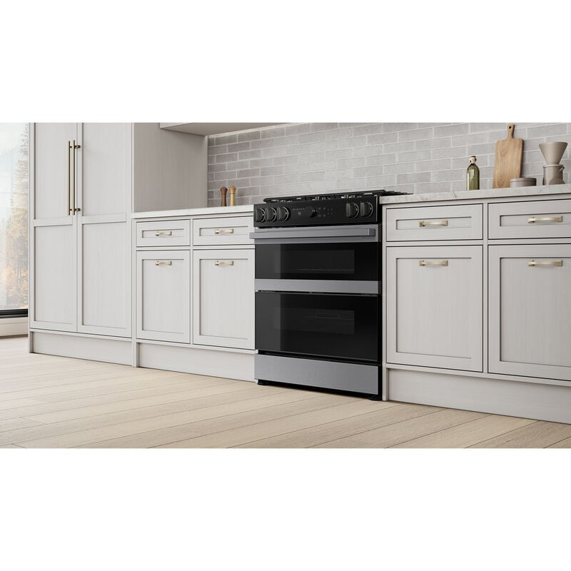 Samsung Bespoke 30 in. 6.0 cu. ft. Smart Air Fry Convection Double Oven Slide-In Natural Gas Range with 5 Sealed Burners & Griddle - Stainless Steel, , hires