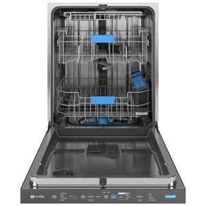 GE Profile 24 in. Top Control Smart Dishwasher with 42 dBA Sound Level, 3rd-Rack, Microban Antimicrobial Technology & Pocket Handle - Fingerprint Resistant Black Stainless, , hires