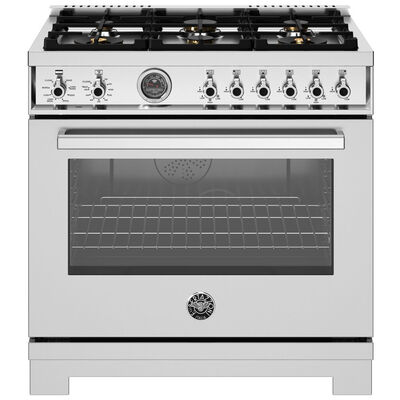 Bertazzoni Professional Series 36 in. 5.7 cu. ft. Air Fry Convection Oven Freestanding LP Gas Dual Fuel Range with 6 Sealed Burners & Griddle - Stainless Steel | PR366BCEPXTL