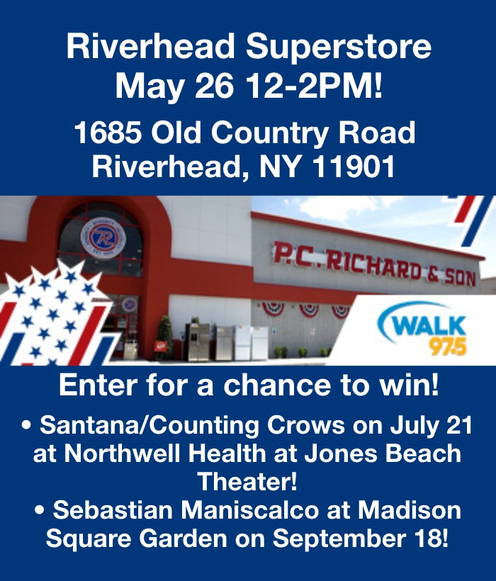 Riverhead Superstore May 26 12-2PM! 1685 Old Country Road Riverhead NY 11901 Enter for a chance to win tickets to: Santana/ Counting Crows on July 21 at Northwell Health at Jones Beach Theater! Sebastian Maniscalco at Madison Square Garden on September 18