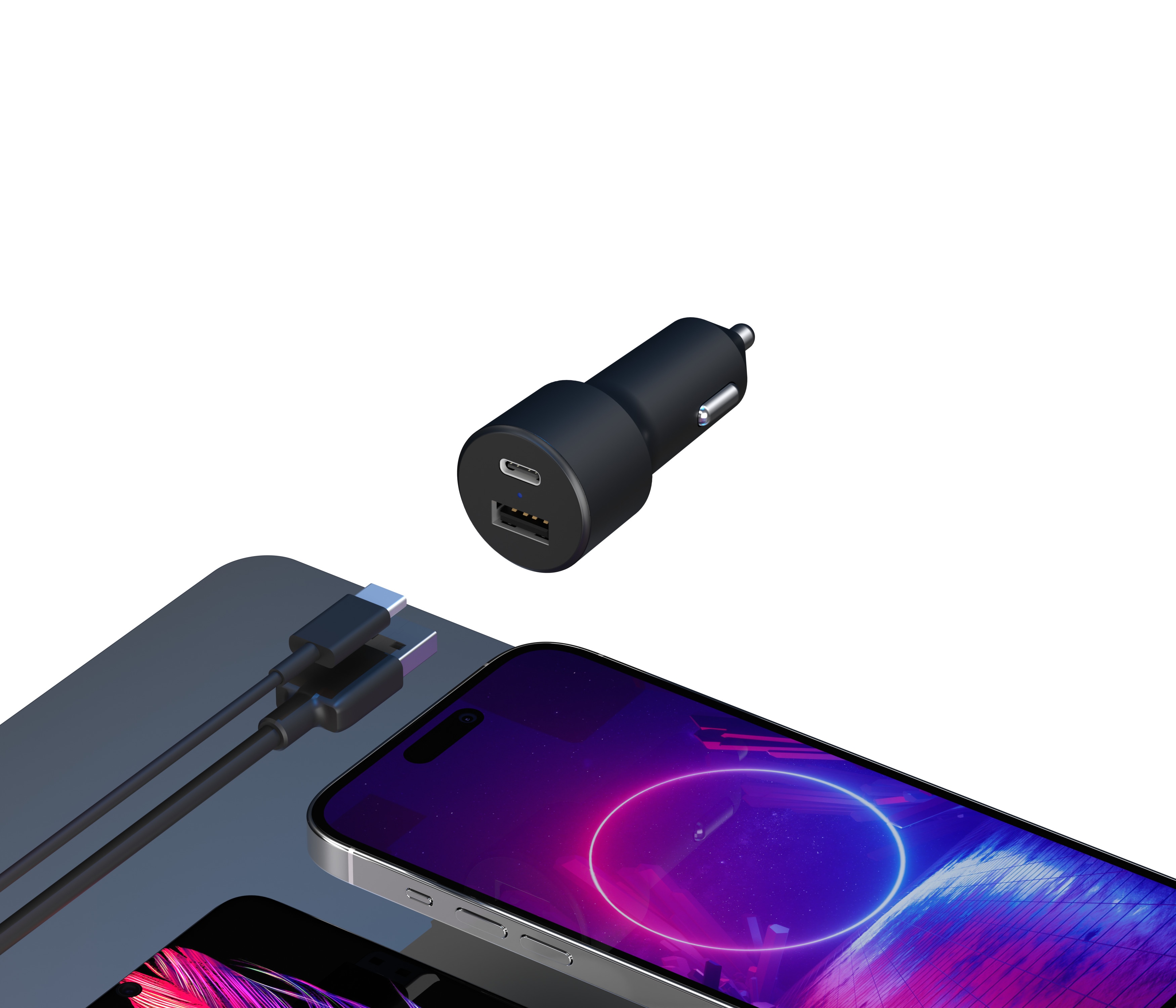 PhoneSuit Novo USB Car Charger shown next to cables and and iPhone