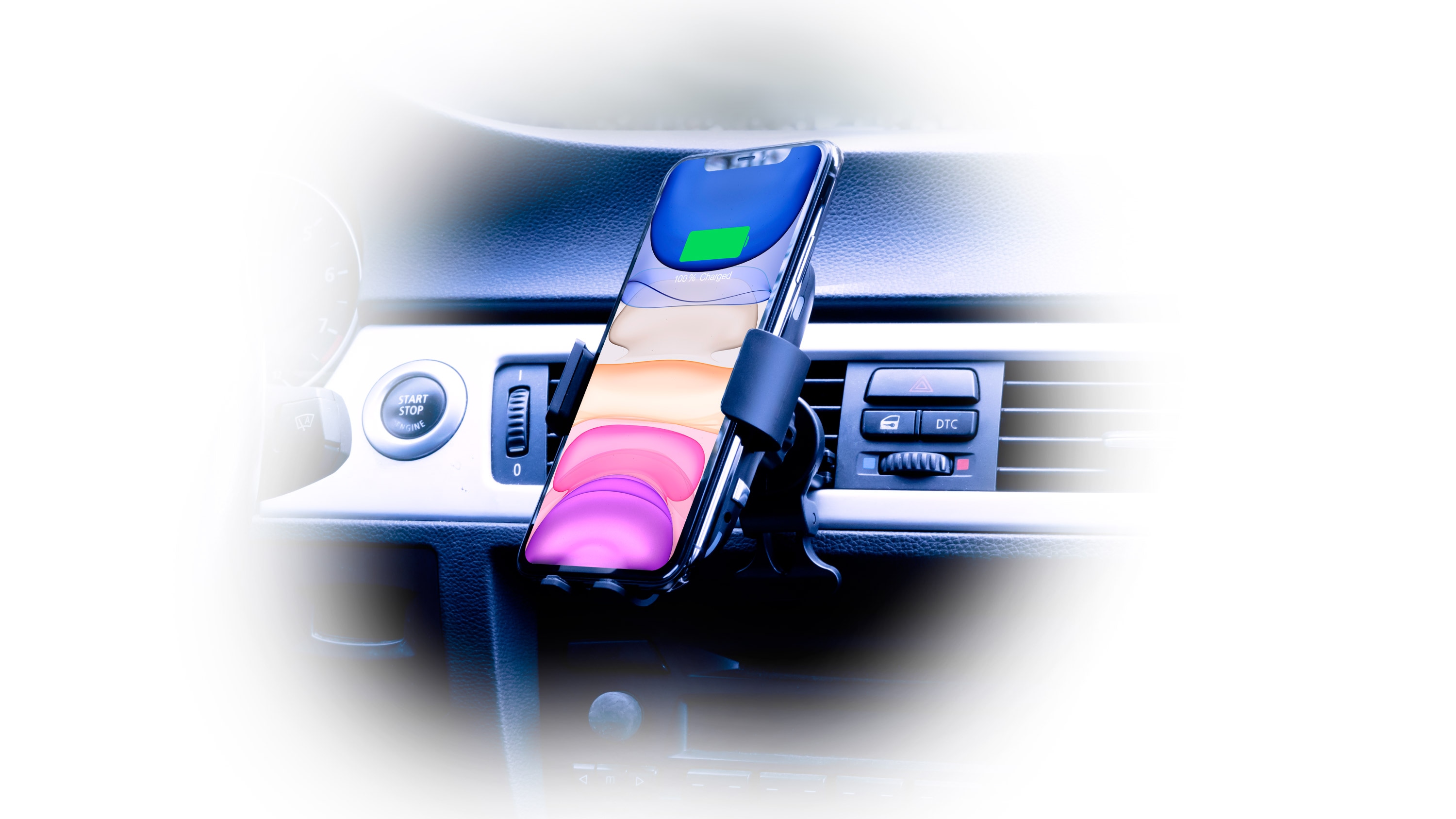 PhoneSuit Energy Core Go Wireless Car Charger & Dock, placed in car with phone angled up for driver view