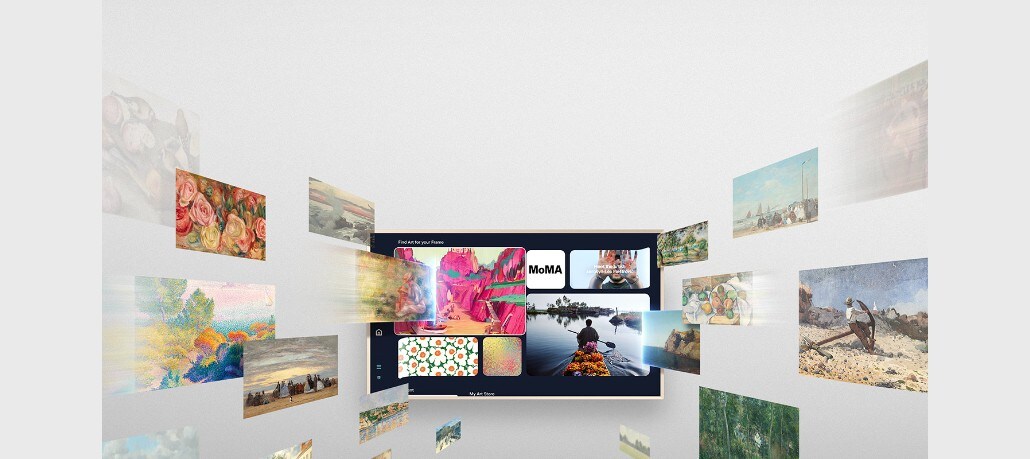Samsung LS03FW The Frame Pro Neo QLED 4K TV shown in Art Mode interface, surrounded by a gallery of digital artworks and museum pieces, highlighting the ability to display curated art collections on the screen.