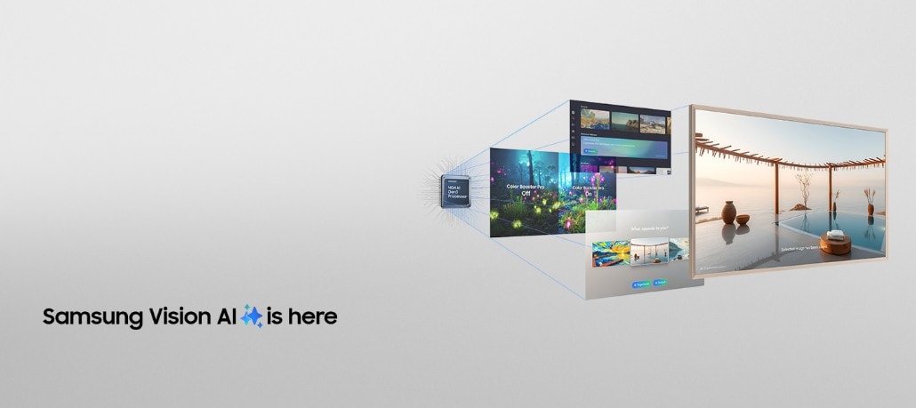 Samsung LS03FW The Frame Pro TV displaying Vision AI features with content recommendations and personalized picture adjustments