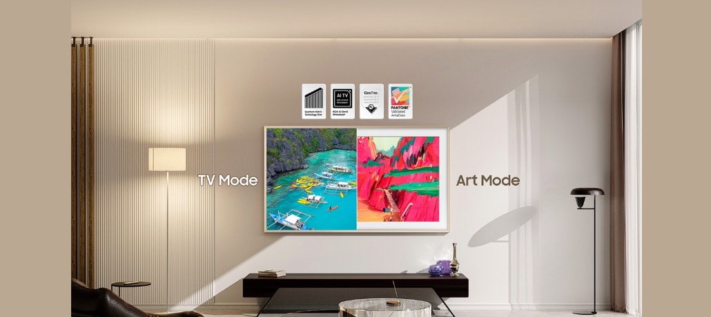 Samsung LS03FW The Frame Pro Neo QLED 4K TV showing TV Mode with vivid content and Art Mode with artwork, highlighting its dual use as a TV and digital art disp