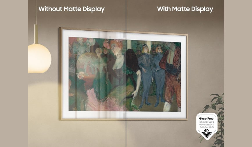 Side-by-side comparison of Samsung LS03FW Frame TV showing a painting with and without matte display, highlighting reduced glare and clearer viewing.