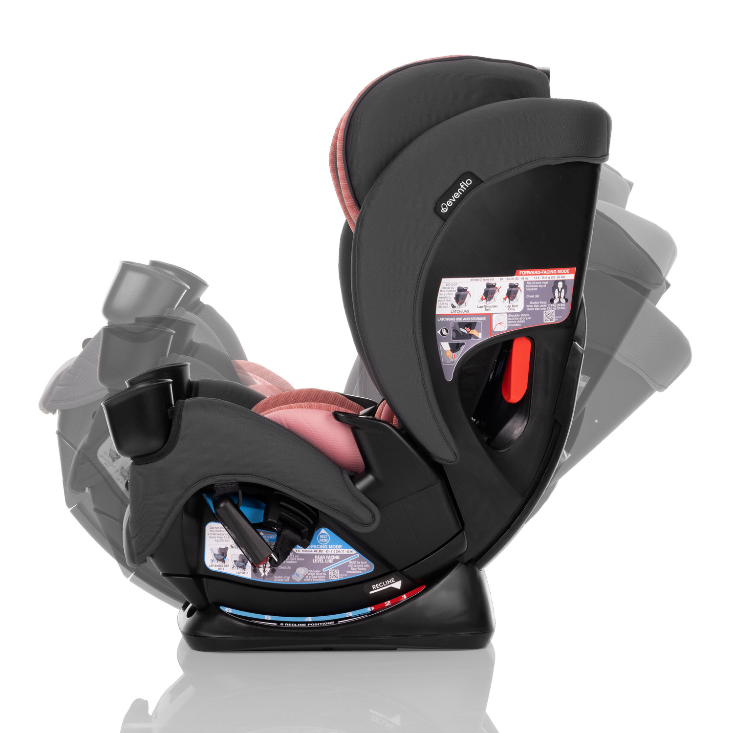 Evenflo carseat image CS400112495, side view displaying different reclining options