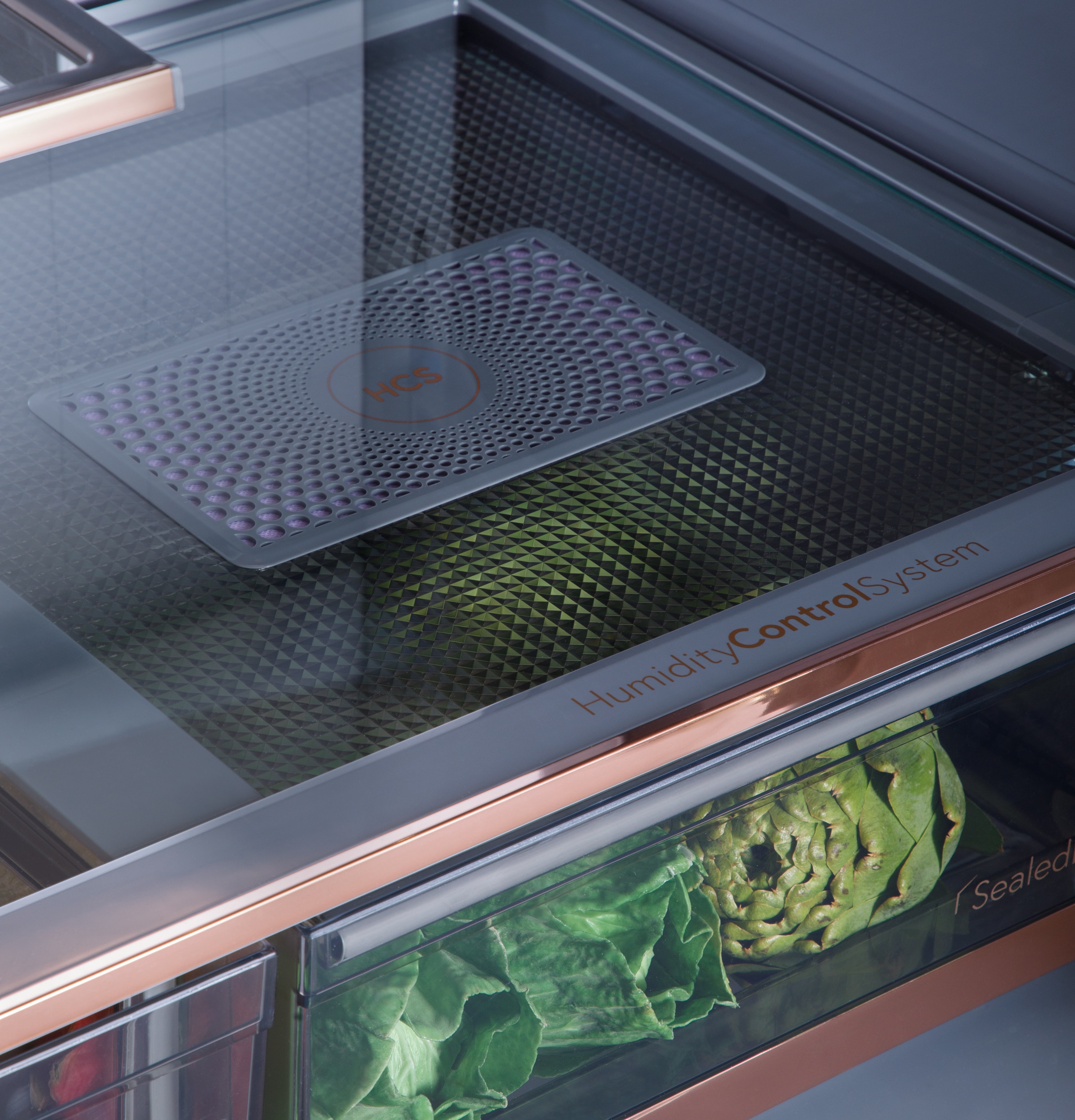 Cafe Refrigerator Model CAE28DM5TS5, humidity control system keeps leafy greens for twice as long