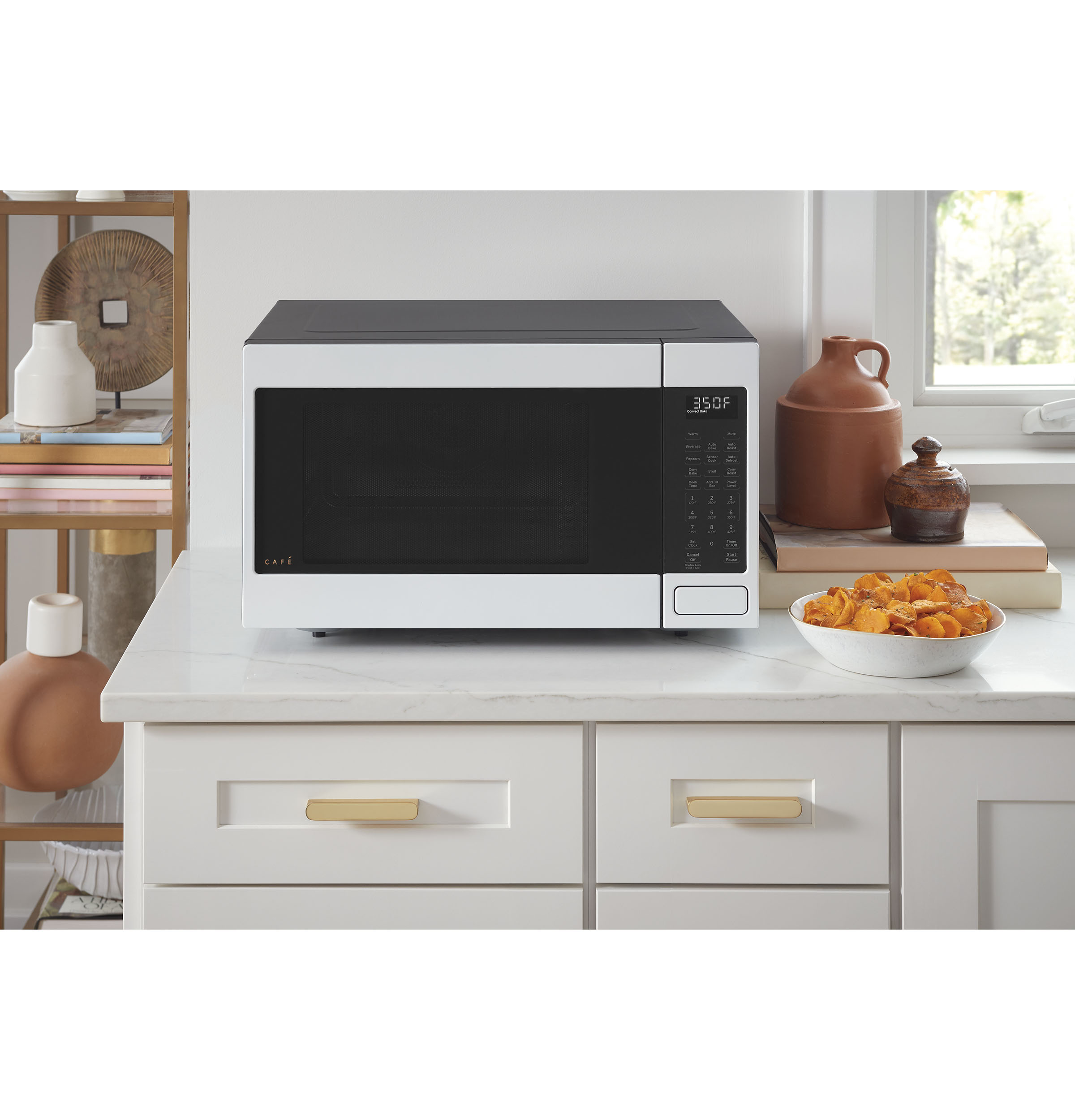 Cafe model CCWK15C1WSS, microwave standing on kitchen counter, versatile functions