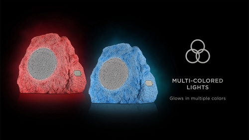 ION Audio Glow Stone speakers shown with red and blue LED lighting effects on black background, featuring multi-colored lights icon and text