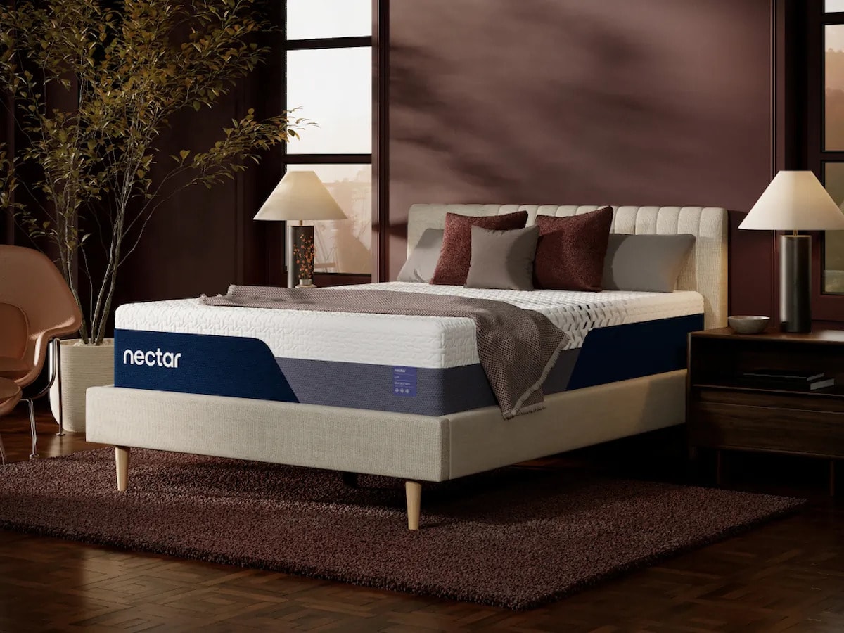 Nectar 5 Luxe Memory Foam Mattress, front right-angled lifestyle view